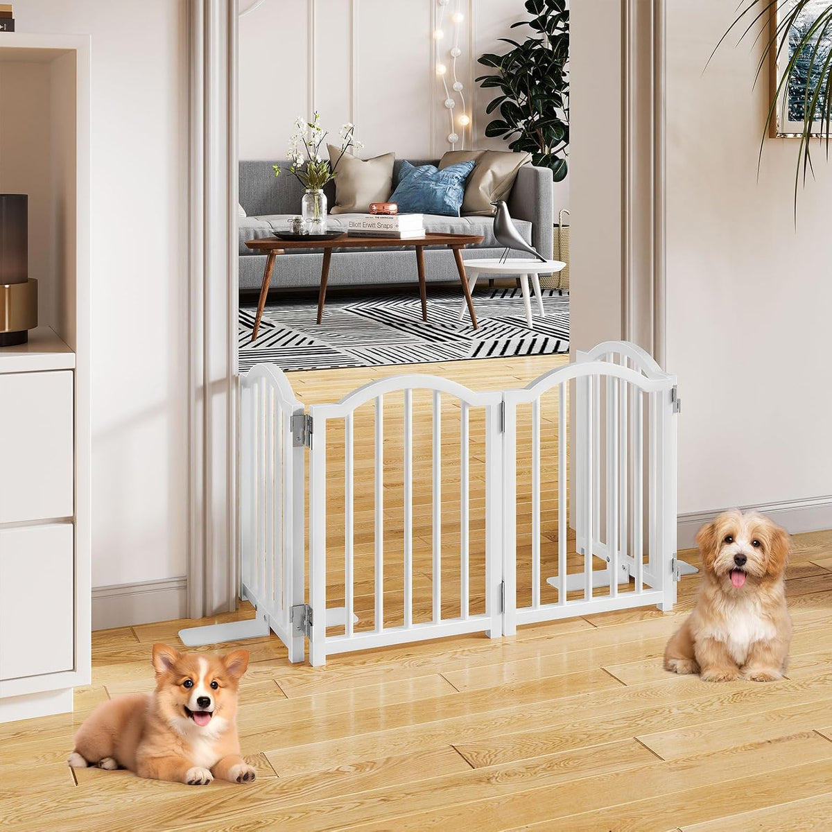 Short Dog Gate Indoor, 16" High Freestanding Small Dog Door Gates with Support Feet, Expands Up to 48’’ Wide Foldable Pet Gate for Doorway, 4 Panel Folding Pet Door Pet Fence for Puppy, White