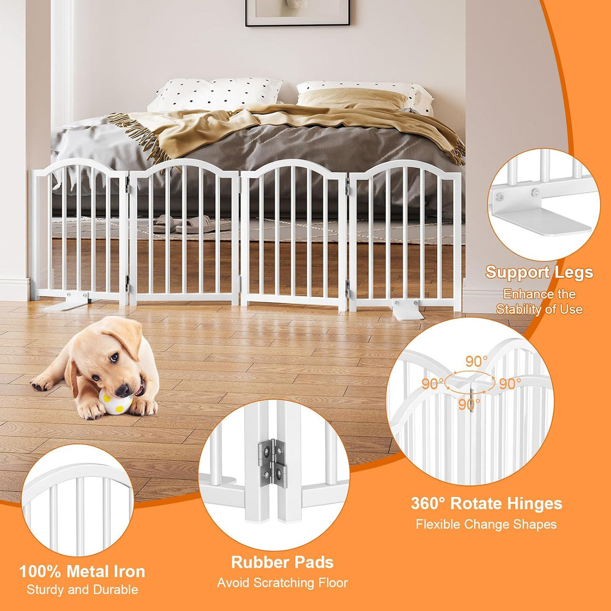Short Dog Gate Indoor, 16" High Freestanding Small Dog Door Gates with Support Feet, Expands Up to 48’’ Wide Foldable Pet Gate for Doorway, 4 Panel Folding Pet Door Pet Fence for Puppy, White