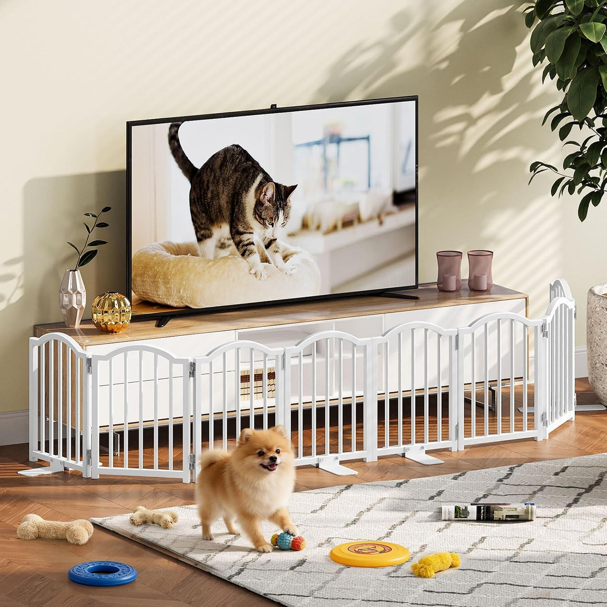 Short Dog Gate Indoor, 16" High Freestanding Small Dog Door Gates with Support Feet, Expands Up to 48’’ Wide Foldable Pet Gate for Doorway, 4 Panel Folding Pet Door Pet Fence for Puppy, White