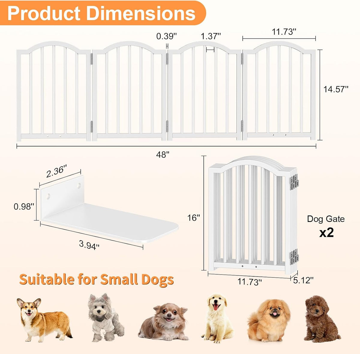 Short Dog Gate Indoor, 16" High Freestanding Small Dog Door Gates with Support Feet, Expands Up to 48’’ Wide Foldable Pet Gate for Doorway, 4 Panel Folding Pet Door Pet Fence for Puppy, White