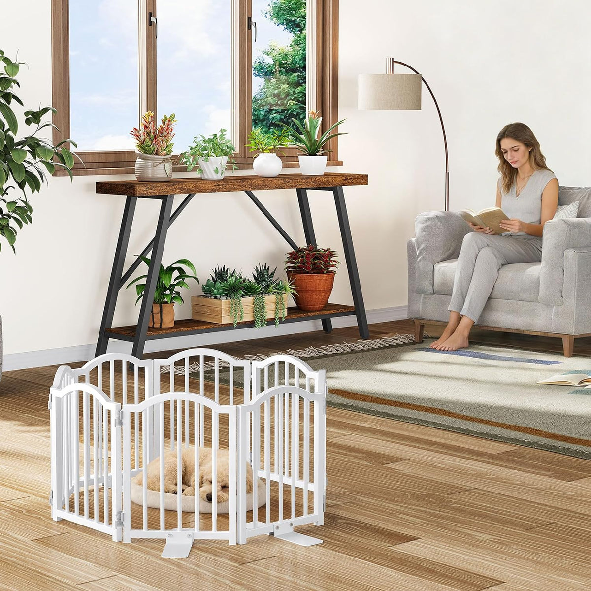 Short Dog Gate Indoor, 16" High Freestanding Small Dog Door Gates with Support Feet, Expands Up to 48’’ Wide Foldable Pet Gate for Doorway, 4 Panel Folding Pet Door Pet Fence for Puppy, White