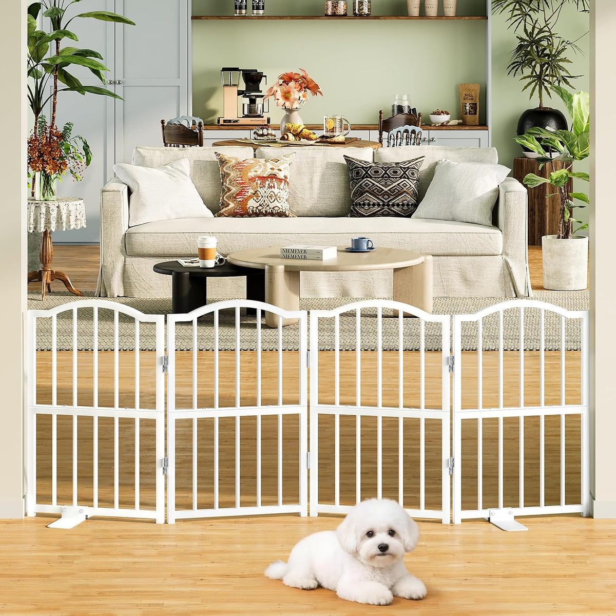Short Dog Gate Indoor, 16" High Freestanding Small Dog Door Gates with Support Feet, Expands Up to 48’’ Wide Foldable Pet Gate for Doorway, 4 Panel Folding Pet Door Pet Fence for Puppy, White