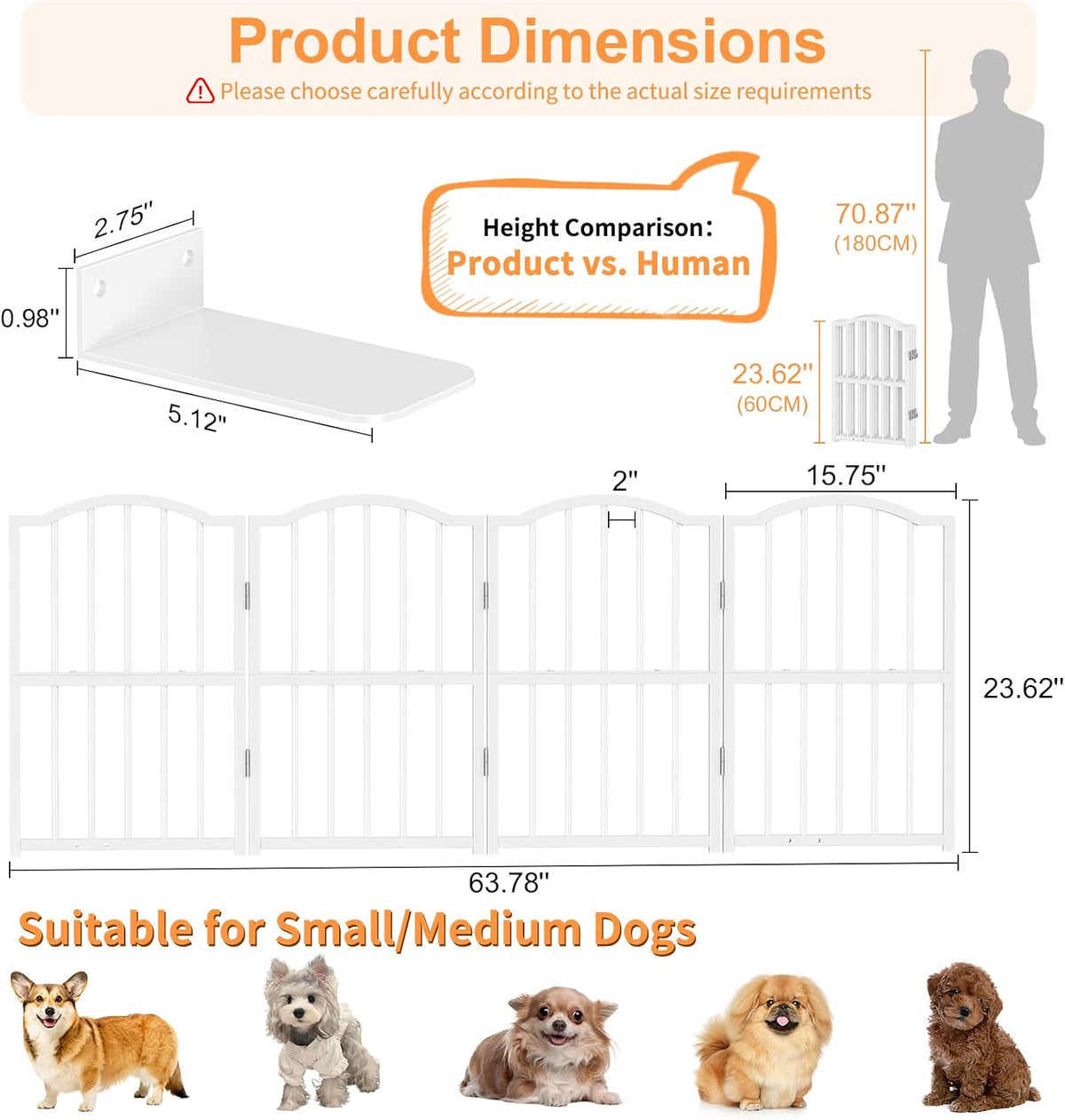 Short Dog Gate Indoor, 16" High Freestanding Small Dog Door Gates with Support Feet, Expands Up to 48’’ Wide Foldable Pet Gate for Doorway, 4 Panel Folding Pet Door Pet Fence for Puppy, White