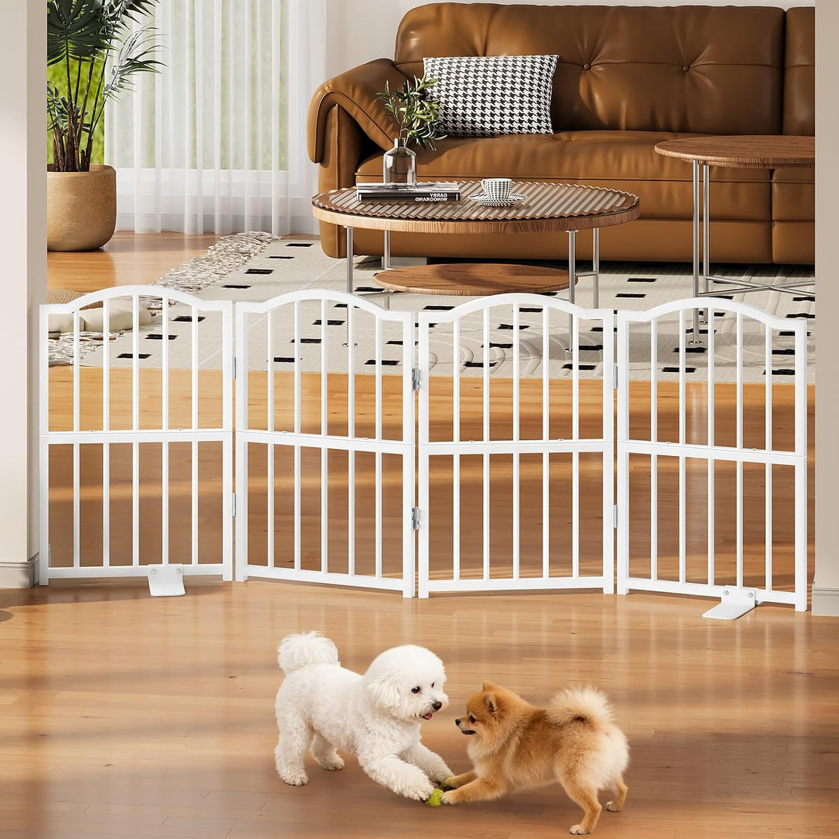 Short Dog Gate Indoor, 16" High Freestanding Small Dog Door Gates with Support Feet, Expands Up to 48’’ Wide Foldable Pet Gate for Doorway, 4 Panel Folding Pet Door Pet Fence for Puppy, White