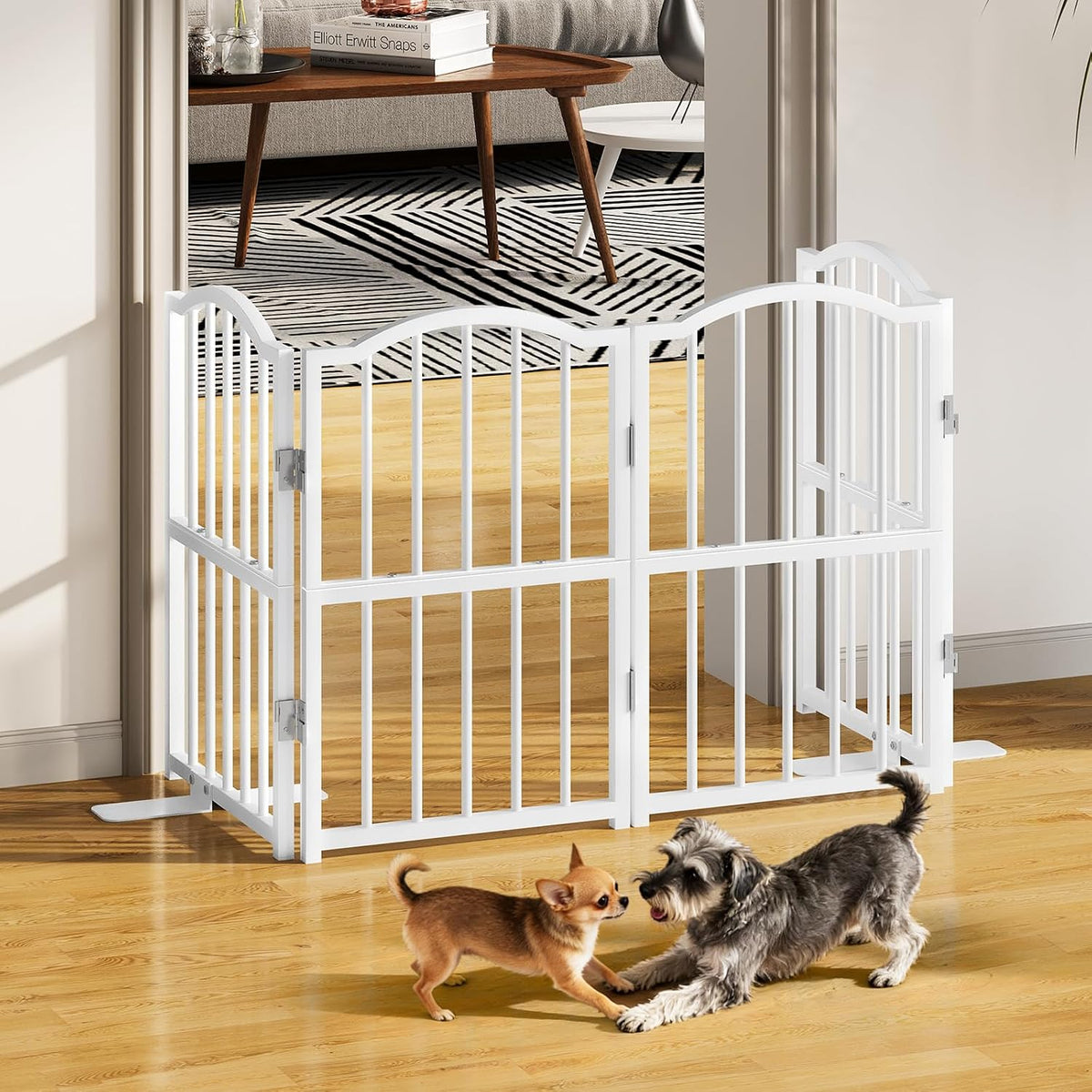 Short Dog Gate Indoor, 16" High Freestanding Small Dog Door Gates with Support Feet, Expands Up to 48’’ Wide Foldable Pet Gate for Doorway, 4 Panel Folding Pet Door Pet Fence for Puppy, White