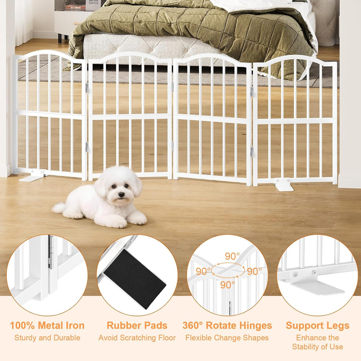 Short Dog Gate Indoor, 16" High Freestanding Small Dog Door Gates with Support Feet, Expands Up to 48’’ Wide Foldable Pet Gate for Doorway, 4 Panel Folding Pet Door Pet Fence for Puppy, White