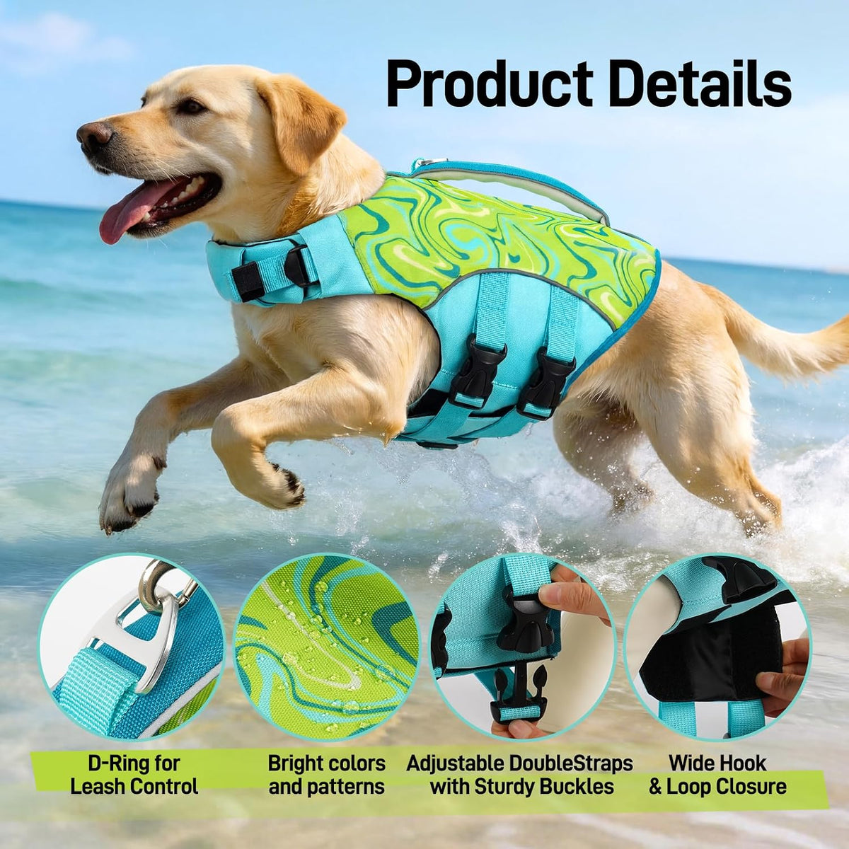 Dog Life Jacket, Dog Life Vest for Swimming & Boating with High Buoyancy & Rescue Handle for Small Medium Large Dogs, Adjustable Reflective Swimming Safety Vest, Green S