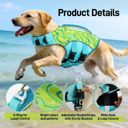 Dog Life Jacket, Dog Life Vest for Swimming & Boating with High Buoyancy & Rescue Handle for Small Medium Large Dogs, Adjustable Reflective Swimming Safety Vest, Green S