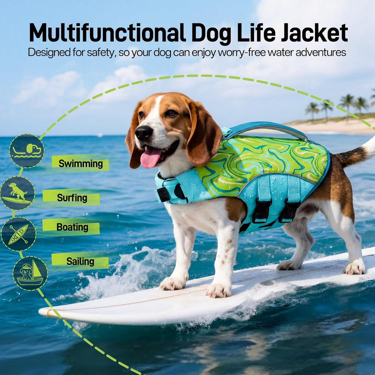 Dog Life Jacket, Dog Life Vest for Swimming & Boating with High Buoyancy & Rescue Handle for Small Medium Large Dogs, Adjustable Reflective Swimming Safety Vest, Green S