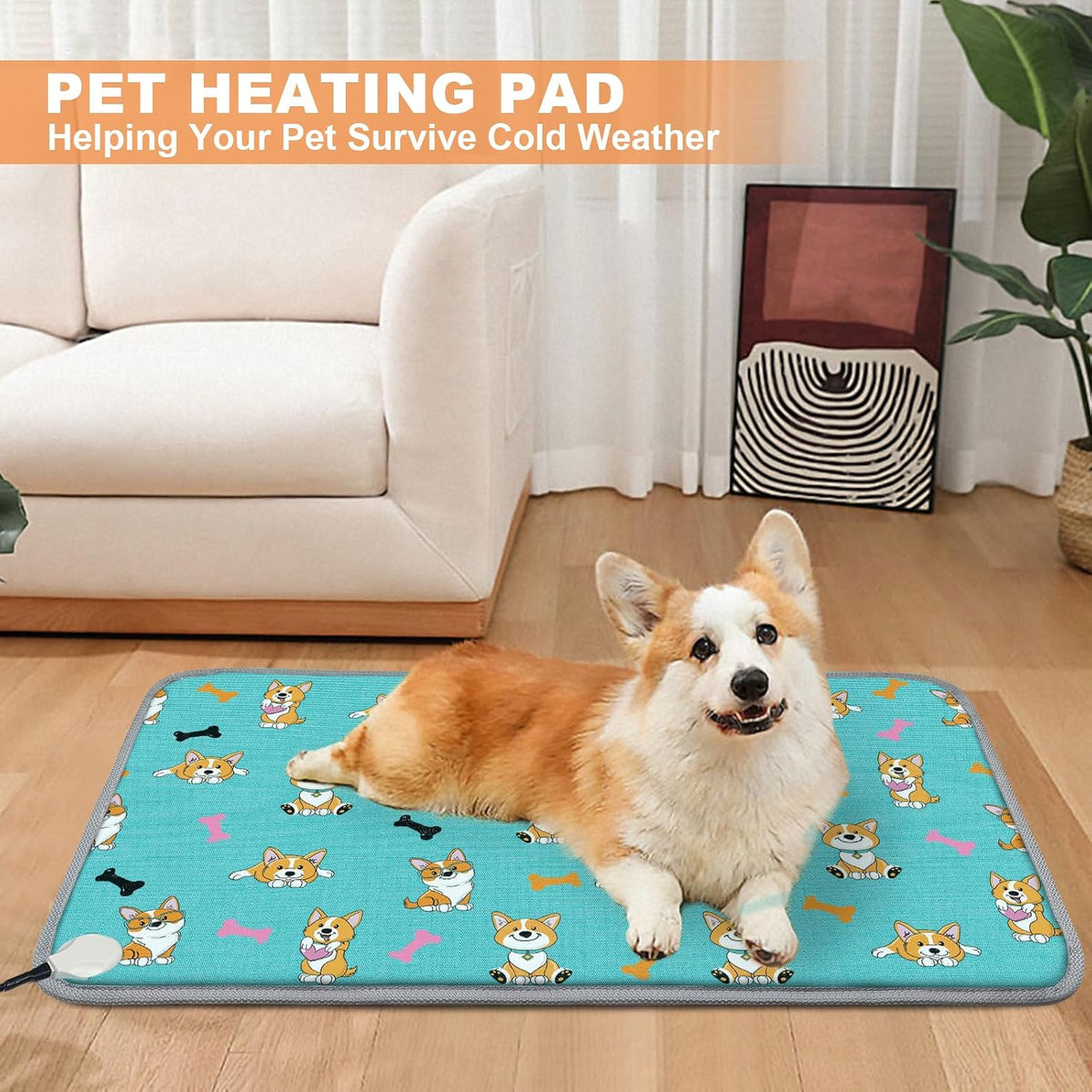 Large Pet Heating Pad (30x47in) Temperature Adjustable Dog Cat Heating Pad with Timer, Waterproof Heated Cat Bed Mat with Chew Resistant Cord