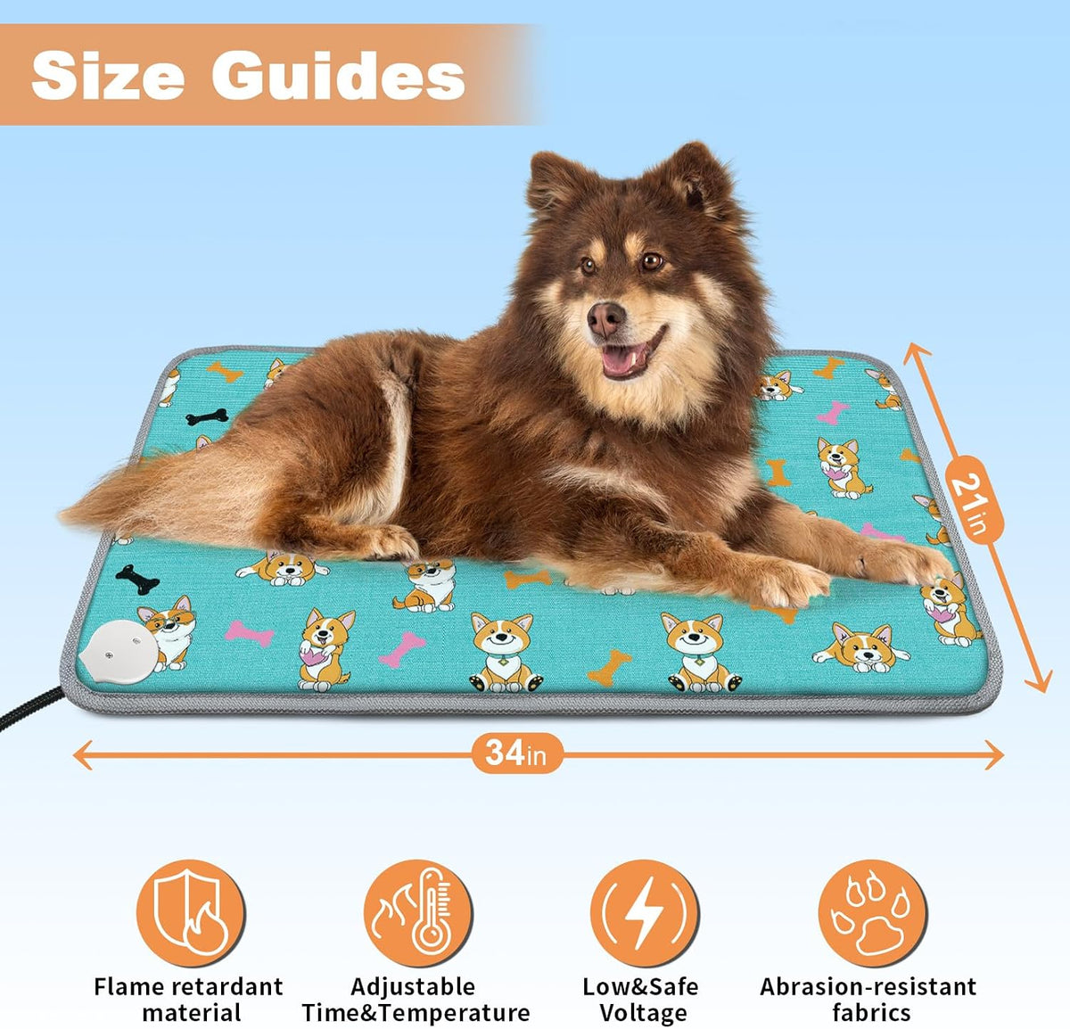 Large Pet Heating Pad (30x47in) Temperature Adjustable Dog Cat Heating Pad with Timer, Waterproof Heated Cat Bed Mat with Chew Resistant Cord