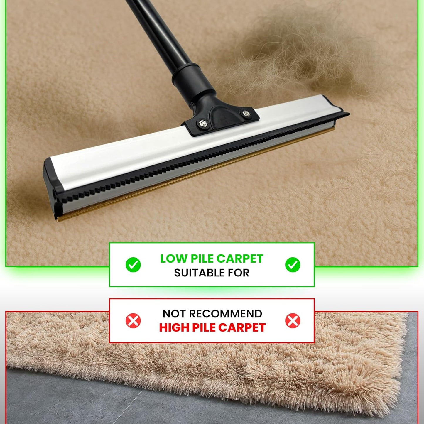 Carpet Rake Kit for Pet Hair Removal & Fluffing Matted Carpet – 61" Adjustable Handle, Deep Clean Dog & Cat Hair Remover, Reusable Scraper for Rugs, Low Pile Carpet, Couch Stairs & Car