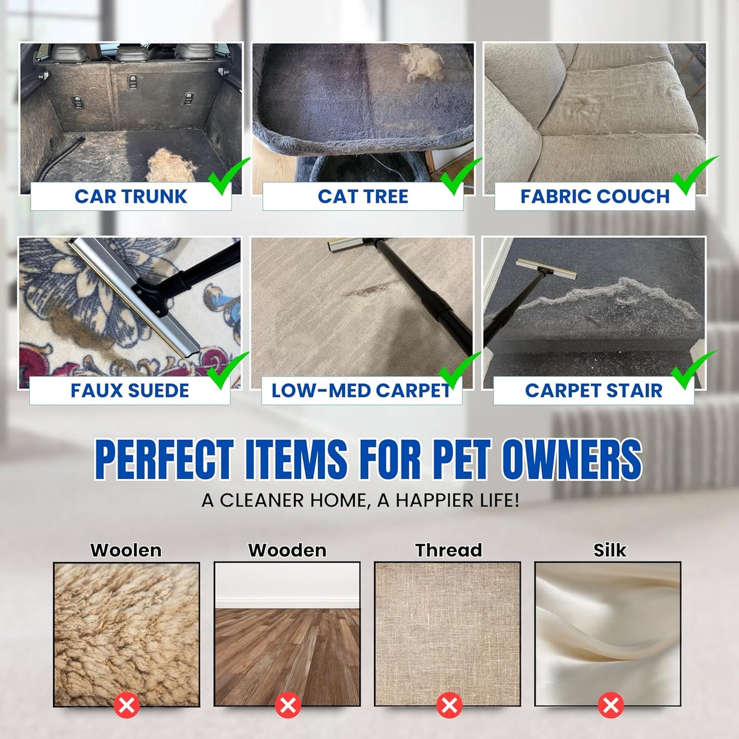 Carpet Rake Kit for Pet Hair Removal & Fluffing Matted Carpet – 61" Adjustable Handle, Deep Clean Dog & Cat Hair Remover, Reusable Scraper for Rugs, Low Pile Carpet, Couch Stairs & Car