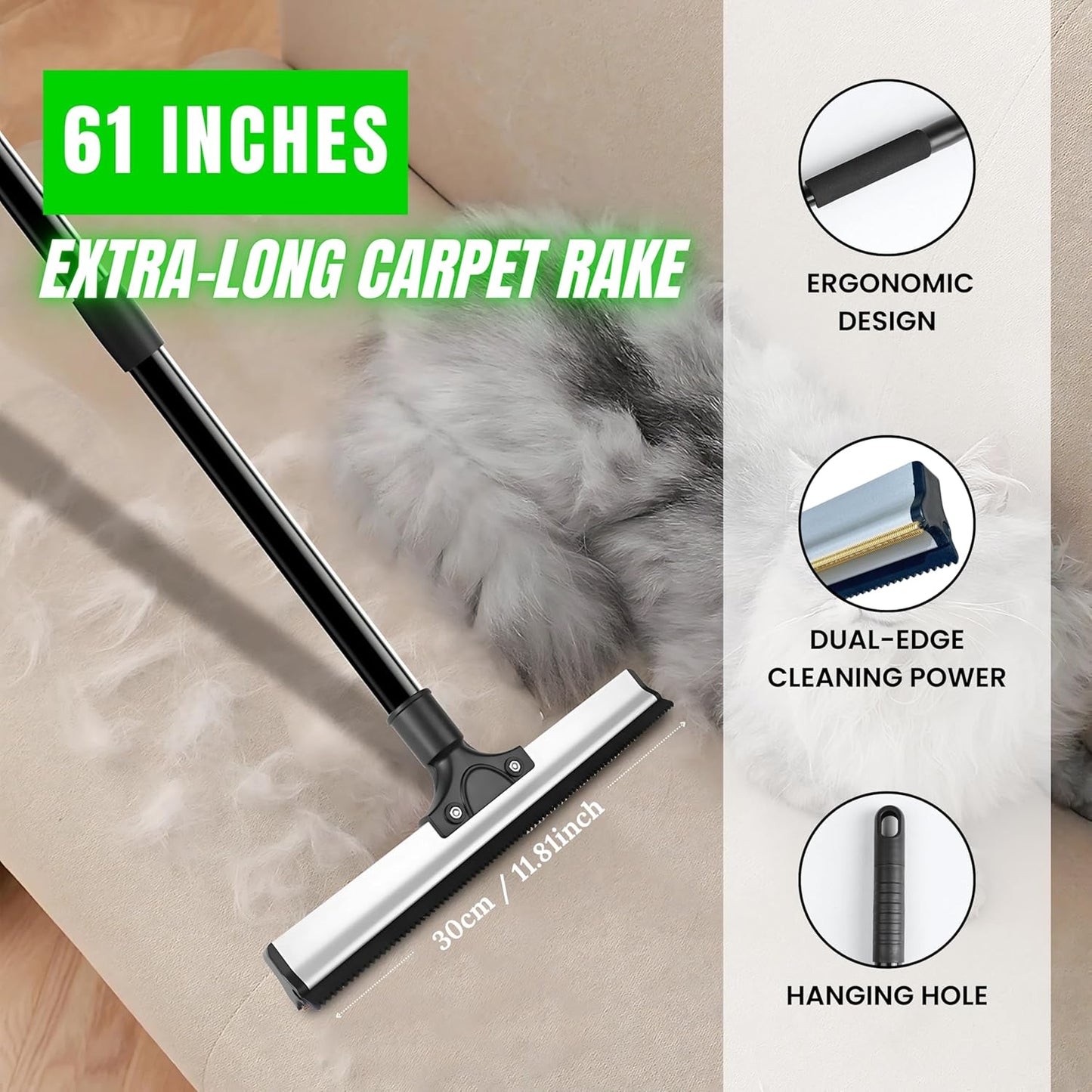 Carpet Rake Kit for Pet Hair Removal & Fluffing Matted Carpet – 61" Adjustable Handle, Deep Clean Dog & Cat Hair Remover, Reusable Scraper for Rugs, Low Pile Carpet, Couch Stairs & Car