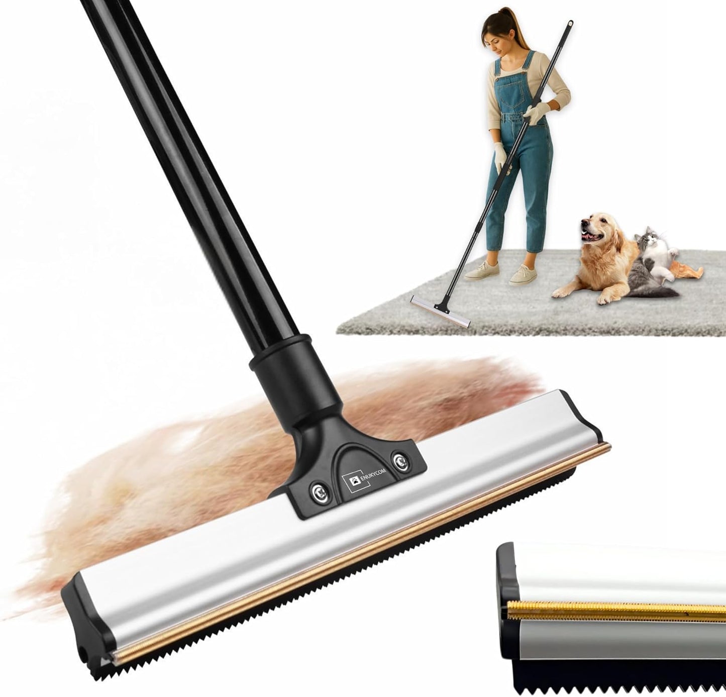 Carpet Rake Kit for Pet Hair Removal & Fluffing Matted Carpet – 61" Adjustable Handle, Deep Clean Dog & Cat Hair Remover, Reusable Scraper for Rugs, Low Pile Carpet, Couch Stairs & Car