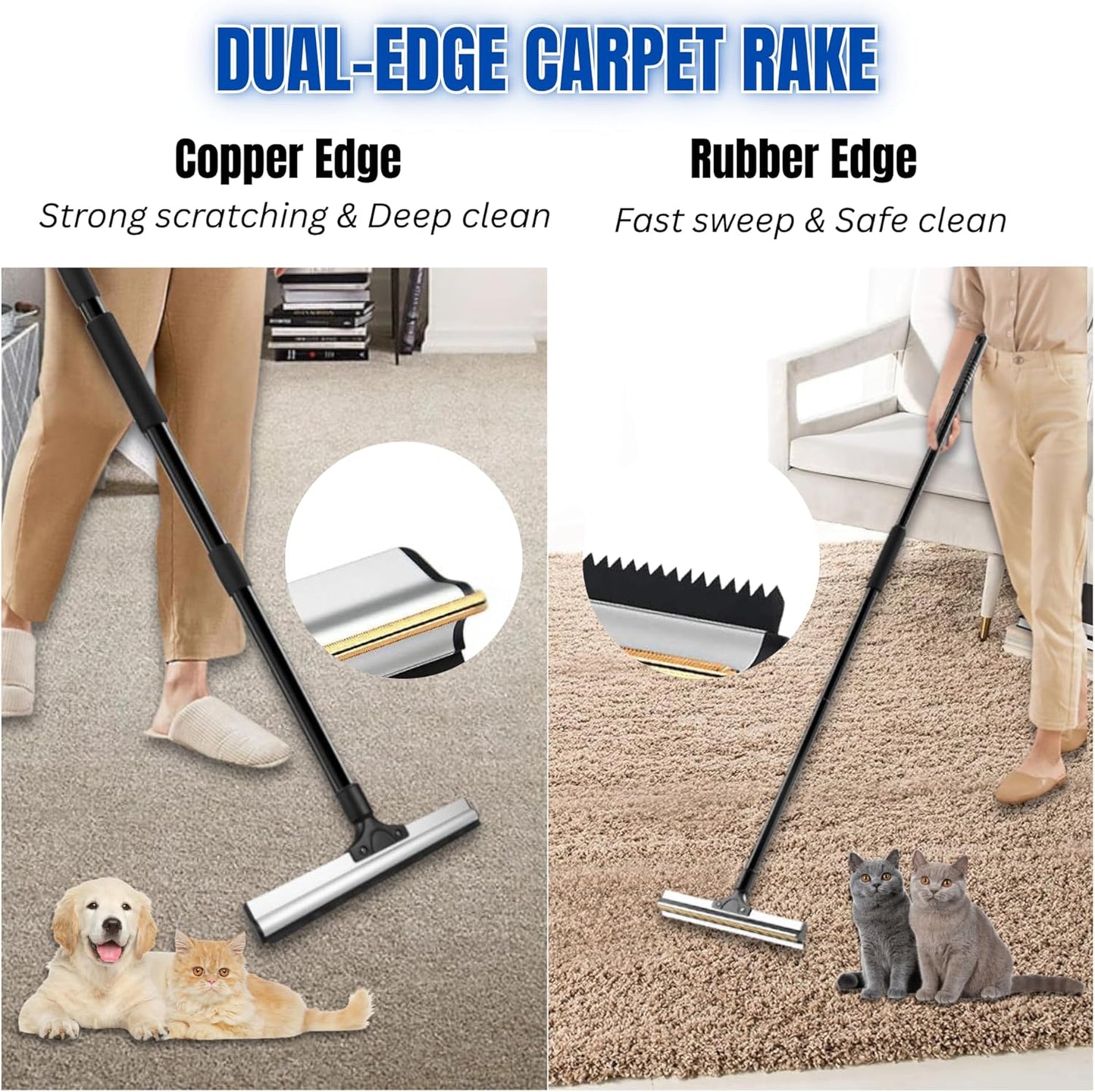 Carpet Rake Kit for Pet Hair Removal & Fluffing Matted Carpet – 61" Adjustable Handle, Deep Clean Dog & Cat Hair Remover, Reusable Scraper for Rugs, Low Pile Carpet, Couch Stairs & Car