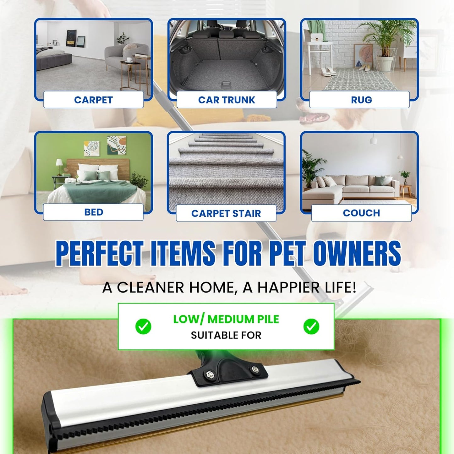 Carpet Rake Kit for Pet Hair Removal & Fluffing Matted Carpet – 61" Adjustable Handle, Deep Clean Dog & Cat Hair Remover, Reusable Scraper for Rugs, Low Pile Carpet, Couch Stairs & Car