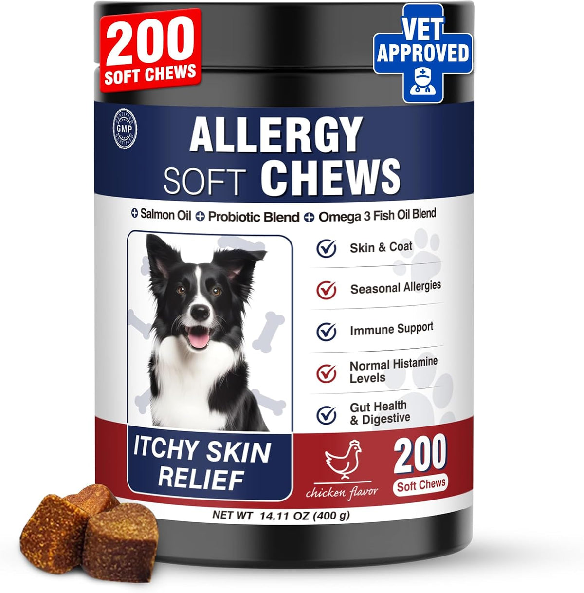 Dog Allergy Chews 200 Treats, Dog Allergy and Itching Skin Relief Bites Itchy Skin and Itchy Ears Anti Itch Licking Paws Treatment for Dogs Seasonal Allergies
