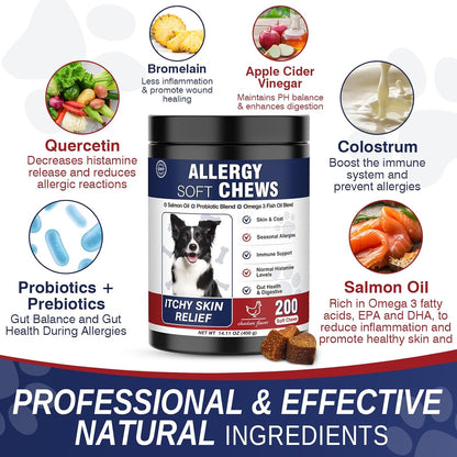 Dog Allergy Chews 200 Treats, Dog Allergy and Itching Skin Relief Bites Itchy Skin and Itchy Ears Anti Itch Licking Paws Treatment for Dogs Seasonal Allergies