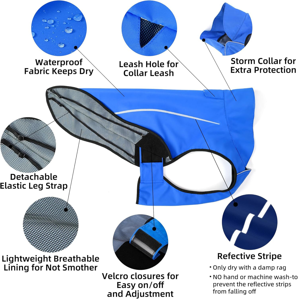 Dog Raincoat, Adjustable Waterproof Reflective Rain Jacket for Small Medium Large Dogs, Lightweight Breathable Pet Rain Coat with Leash Hole(Blue,M Chest 26-32")