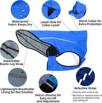 Dog Raincoat, Adjustable Waterproof Reflective Rain Jacket for Small Medium Large Dogs, Lightweight Breathable Pet Rain Coat with Leash Hole(Blue,M Chest 26-32")