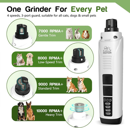 Dog Nail Grinder, 4-Speed Rechargeable Quiet Electric Pet Nail Trimmer with Dual LED Lights Safety Guard Dog Nail Trimmer for Small Medium Large Dogs Cats Ideal for Home Grooming Pet Salon Travel Use