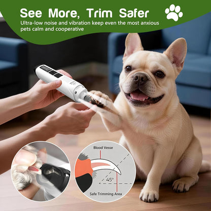 Dog Nail Grinder, 4-Speed Rechargeable Quiet Electric Pet Nail Trimmer with Dual LED Lights Safety Guard Dog Nail Trimmer for Small Medium Large Dogs Cats Ideal for Home Grooming Pet Salon Travel Use