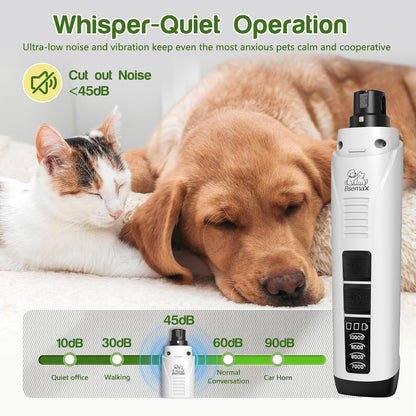 Dog Nail Grinder, 4-Speed Rechargeable Quiet Electric Pet Nail Trimmer with Dual LED Lights Safety Guard Dog Nail Trimmer for Small Medium Large Dogs Cats Ideal for Home Grooming Pet Salon Travel Use
