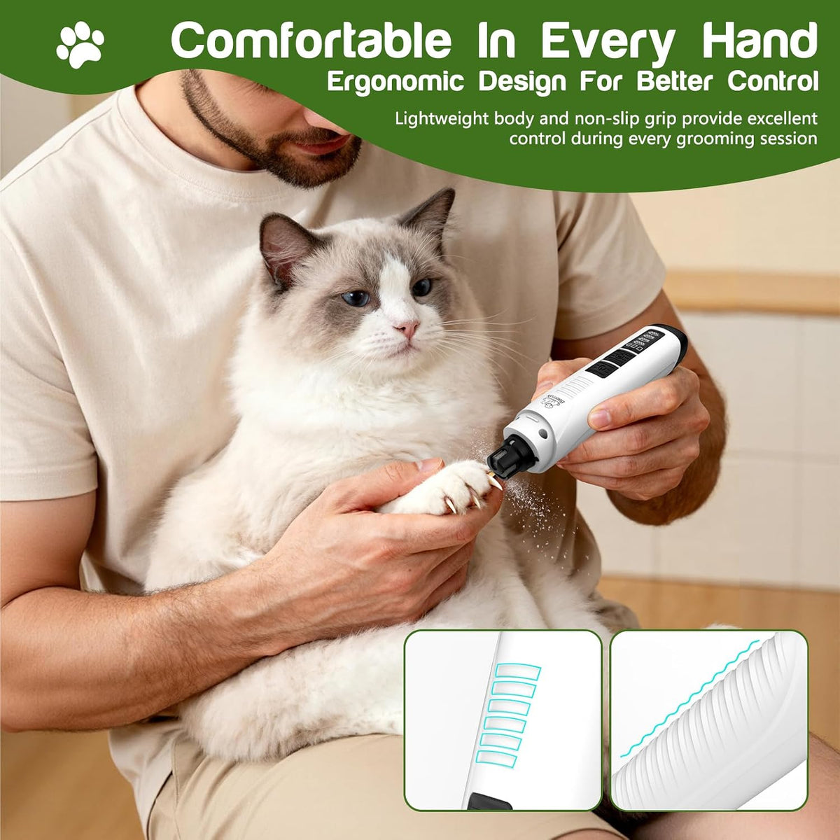 Dog Nail Grinder, 4-Speed Rechargeable Quiet Electric Pet Nail Trimmer with Dual LED Lights Safety Guard Dog Nail Trimmer for Small Medium Large Dogs Cats Ideal for Home Grooming Pet Salon Travel Use