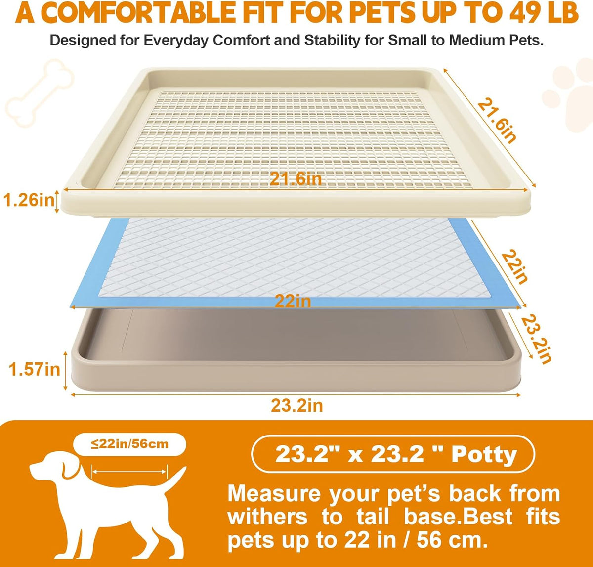 Dog Potty Tray Fits 22 x 22 In Pee Pad, Potty Training for Puppy Pad Holder