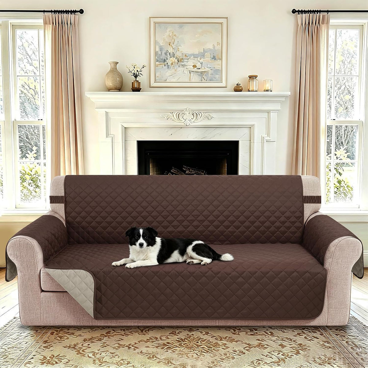 Reversible Sofa Cover for 3 Cushion, Chocolate/Beige