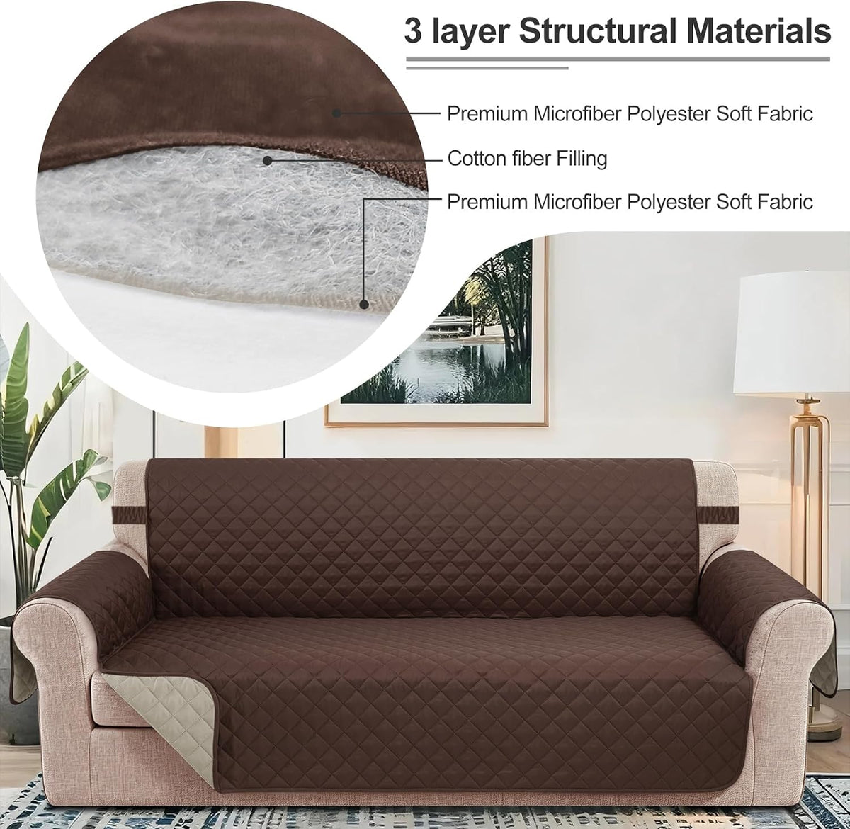 Reversible Sofa Cover for 3 Cushion, Chocolate/Beige