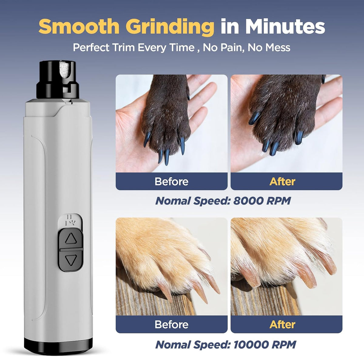 Dog Nail Grinder Upgraded - Professional 2-Speed Super Quiet and Low Vibration Electric Pet Nail Grinder with LED Lights - Painless Paws Grooming & Smoothing for Small to Large Dogs