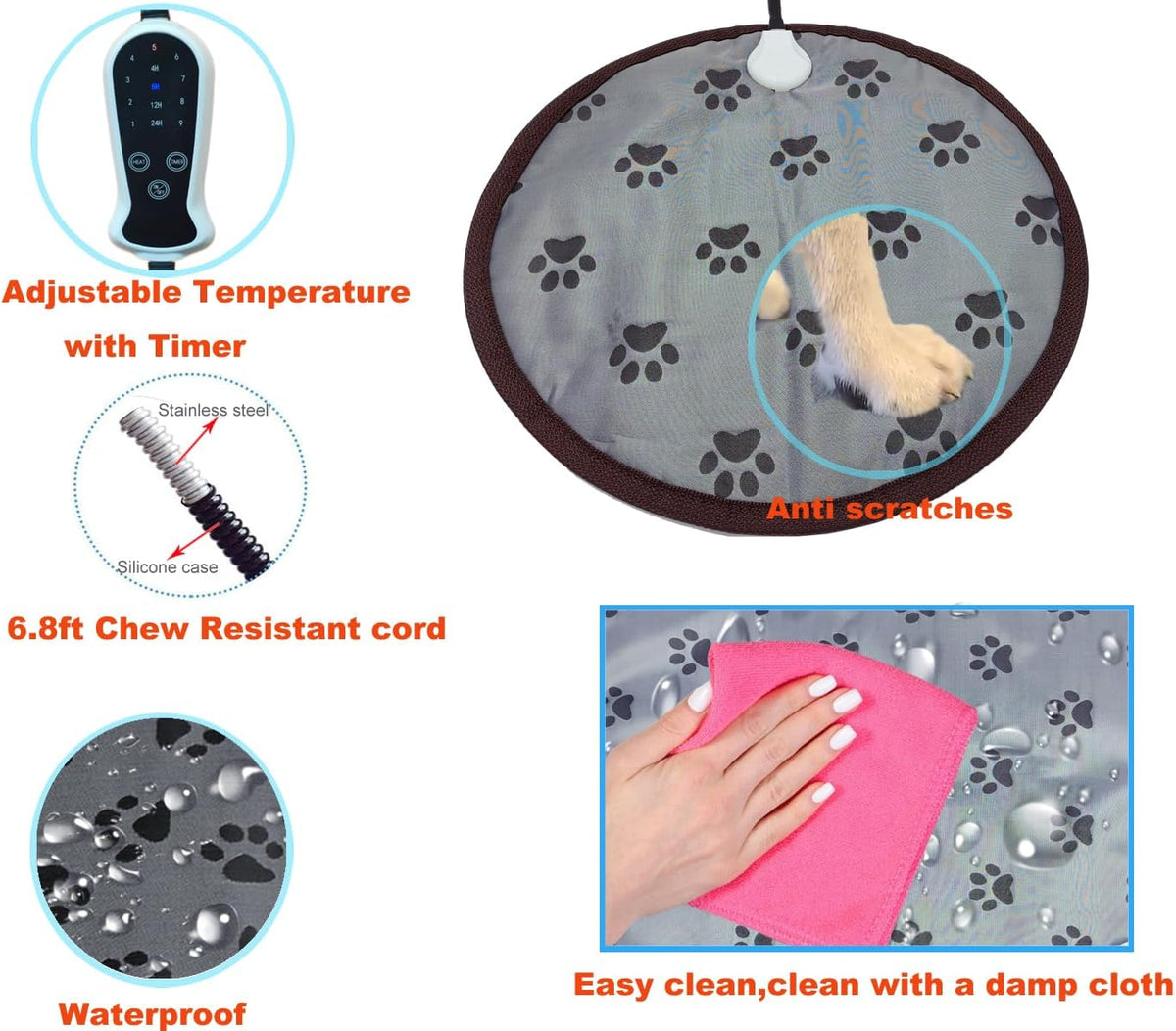 Pet Heating Pad for Small Dogs & Cats - Electric Heated Bed with Timer, Chew Proof, Easy Clean, Round - D16 inch