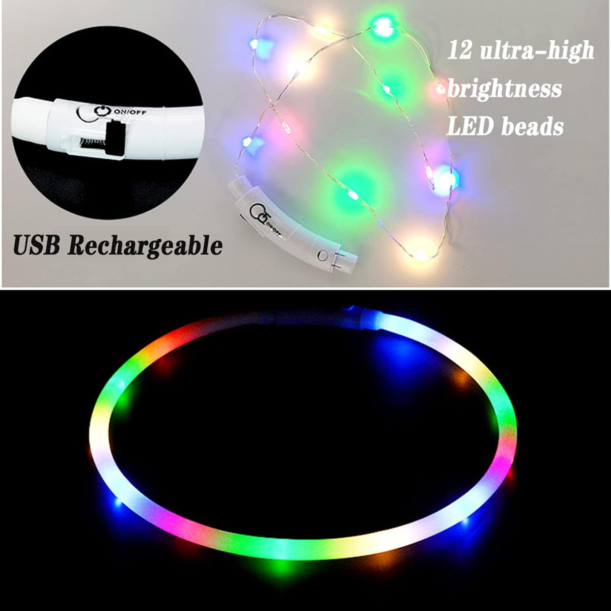 LED Dog Collar,USB Rechargeable Glowing Dog Collars, Light Up Collar Improved Pet Safety &Visibility at Night, 3 Flashing Modes,Water-Resistant LED Lighted Fits for Small Medium Large Dogs