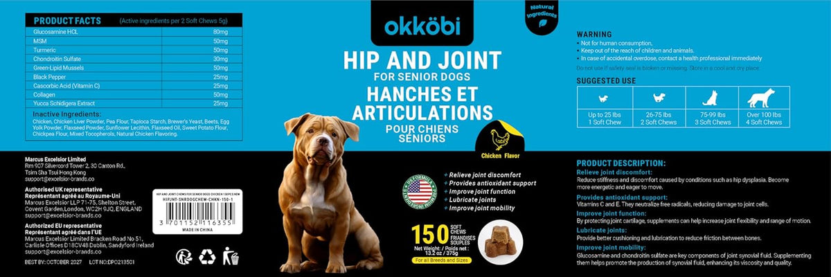 Glucosamine HCL & Hip and Joint Chews for Dogs - 150 pcs - Advanced Hip and Joint Support for Senior Dogs - with MSM & Green Lipped Mussel - Chicken