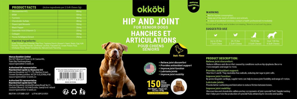 Glucosamine HCL & Hip and Joint Chews for Dogs - 150 pcs - Advanced Hip and Joint Support for Senior Dogs - with MSM & Green Lipped Mussel - Chicken