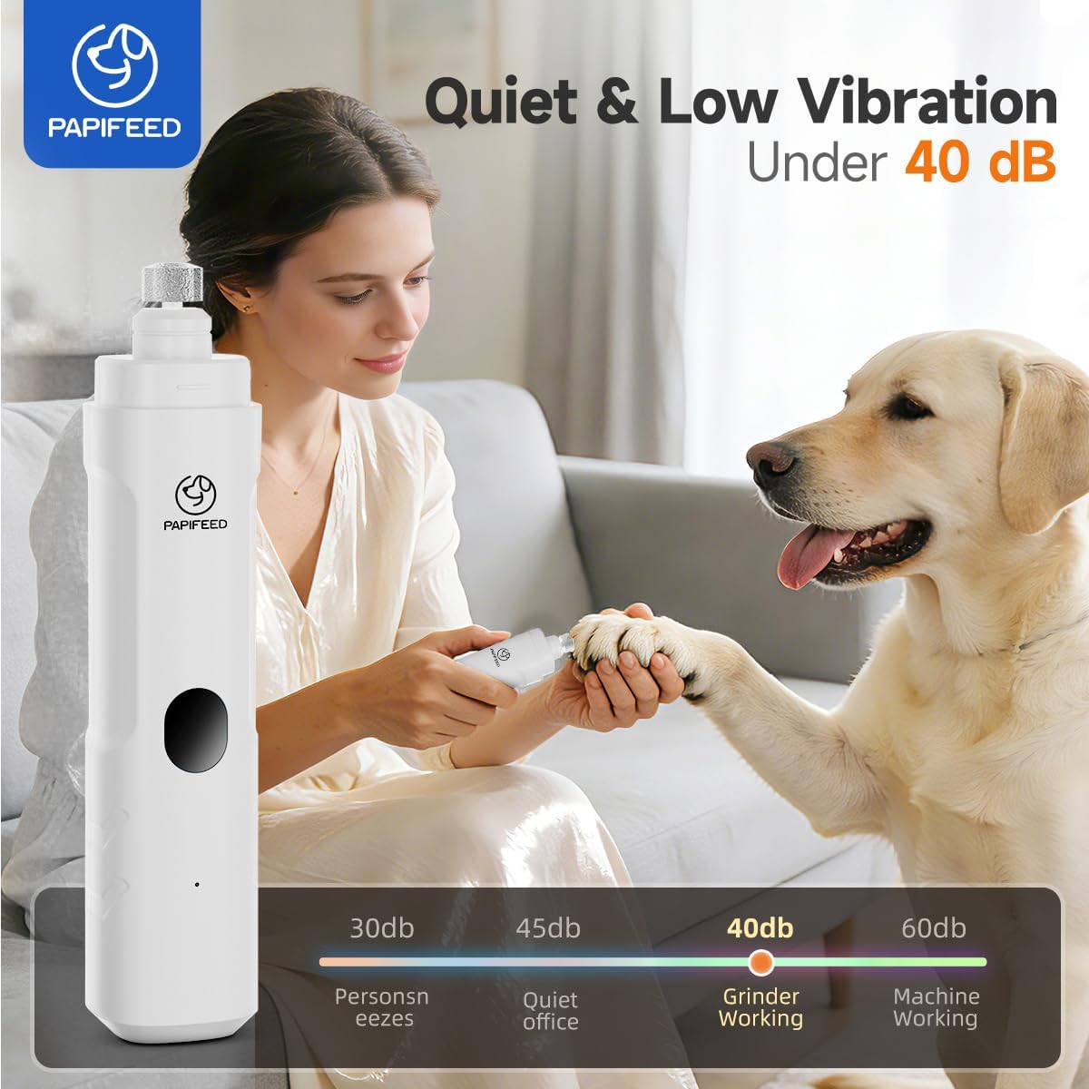 Dog Nail Grinder with LED Light, Ultra Quiet 3-Speed Electric Nail File for Small Medium Large Dogs & Cats, Rechargeable Pet Nail Grinder with Trimmer (White)