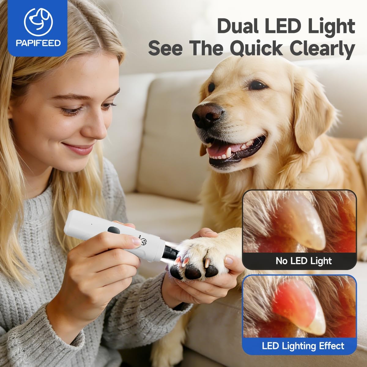 Dog Nail Grinder with LED Light, Ultra Quiet 3-Speed Electric Nail File for Small Medium Large Dogs & Cats, Rechargeable Pet Nail Grinder with Trimmer (White)