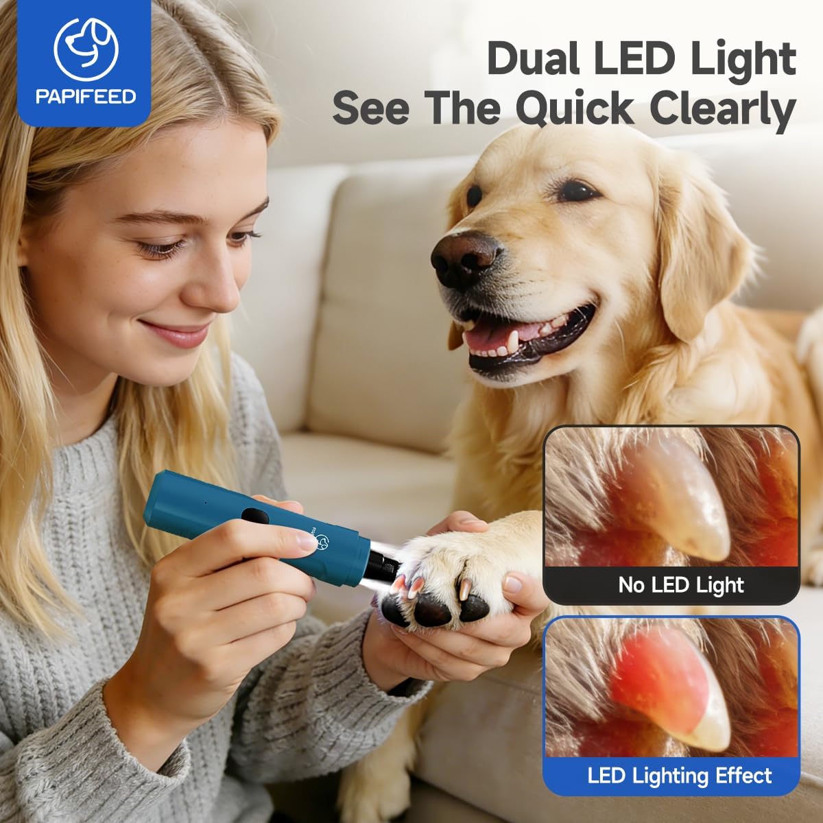 Dog Nail Grinder with LED Light, Ultra Quiet 3-Speed Electric Nail File for Small Medium Large Dogs & Cats, Rechargeable Pet Nail Grinder with Trimmer (White)