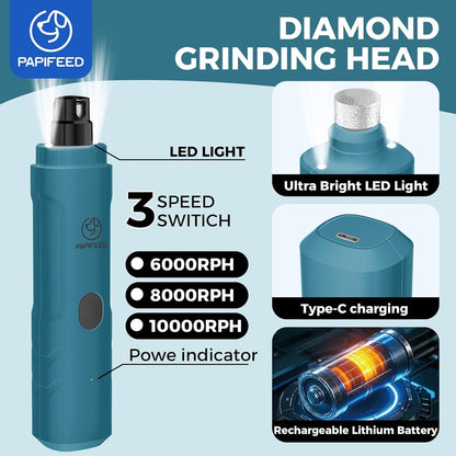 Dog Nail Grinder with LED Light, Ultra Quiet 3-Speed Electric Nail File for Small Medium Large Dogs & Cats, Rechargeable Pet Nail Grinder with Trimmer (White)