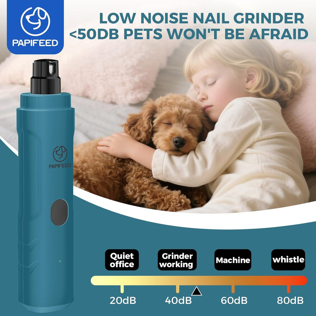 Dog Nail Grinder with LED Light, Ultra Quiet 3-Speed Electric Nail File for Small Medium Large Dogs & Cats, Rechargeable Pet Nail Grinder with Trimmer (White)