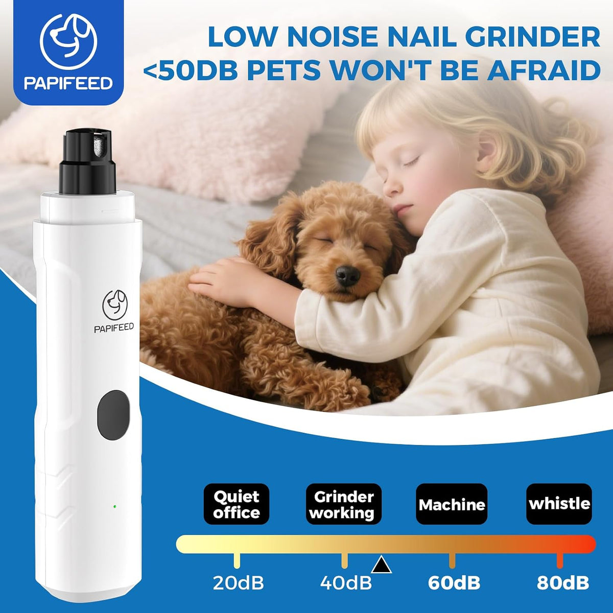 Dog Nail Grinder with LED Light, Ultra Quiet 3-Speed Electric Nail File for Small Medium Large Dogs & Cats, Rechargeable Pet Nail Grinder with Trimmer (White)