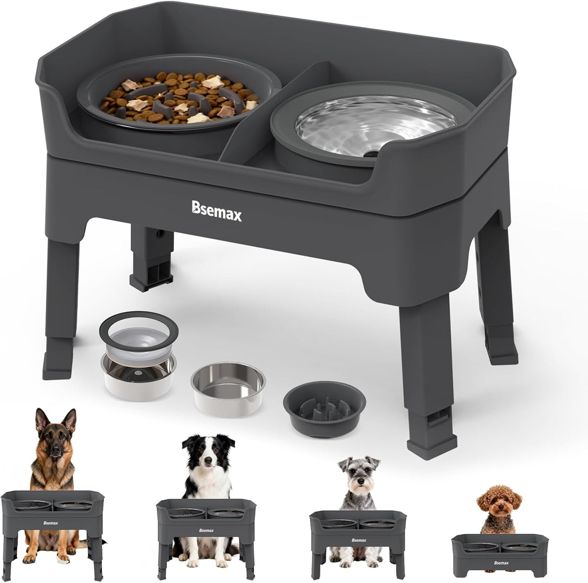 4 in 1 Adjustable Elevated Dog Bowls with 2*Stainless Steel Bowls, Anti-Spill Water Bowl, 4 Heights Raised Dog Bowl Stand for Small to Medium & Growing Large Puppies, Anti-Slip, Mess Proof Design