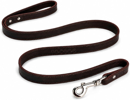 Full Grain Leather Dog Leash — Heavy Duty Brown Flat Leather Lead, 5 FT Long, 3/4" Wide, Solid Metal Hardware, for Walking, Training & Hiking with Medium & Large Dogs