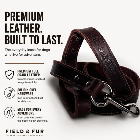 Full Grain Leather Dog Leash — Heavy Duty Brown Flat Leather Lead, 5 FT Long, 3/4" Wide, Solid Metal Hardware, for Walking, Training & Hiking with Medium & Large Dogs