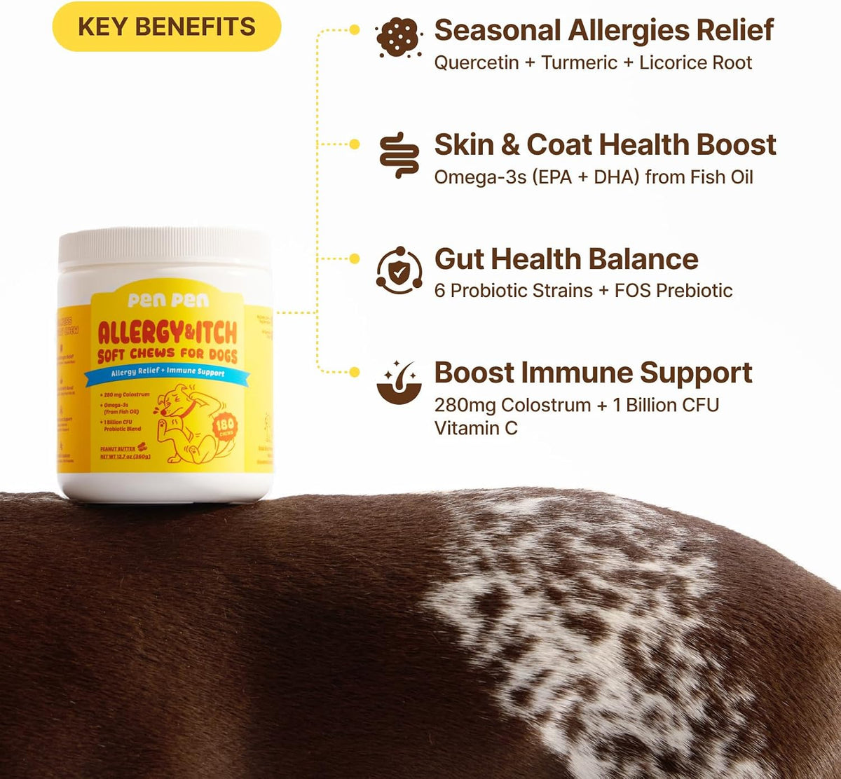 Dog Allergy Chews - Anti-Itch & Itchy Skin Support for Dogs, Probiotics & Omega 3 (Fish Oil) for Immune & Gut Health - Peanut Butter Flavor - 180 Soft Chews