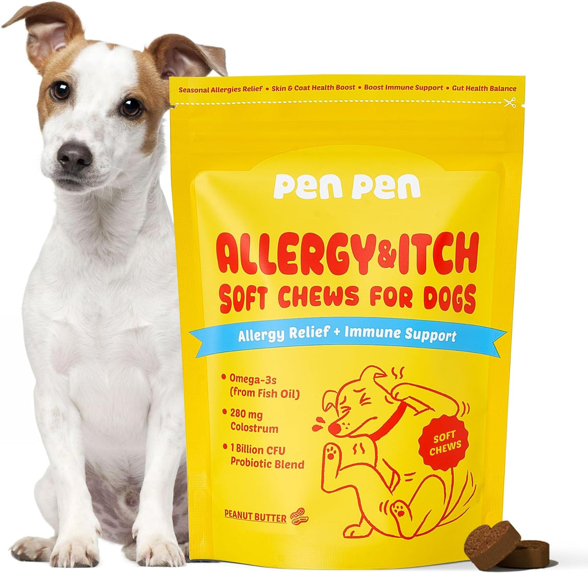 Dog Allergy Chews - Anti-Itch & Itchy Skin Support for Dogs, Probiotics & Omega 3 (Fish Oil) for Immune & Gut Health - Peanut Butter Flavor - 180 Soft Chews