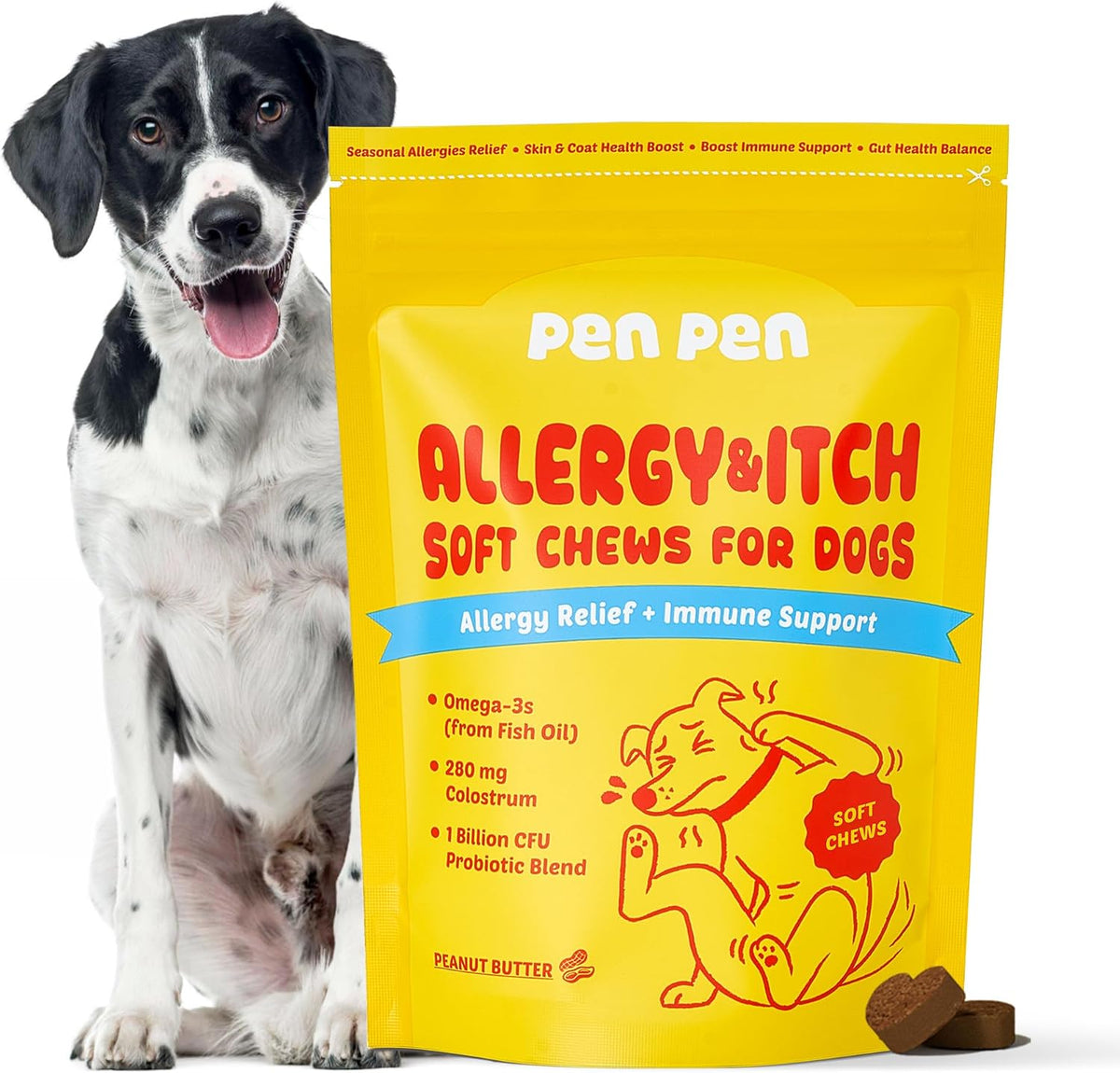 Dog Allergy Chews - Anti-Itch & Itchy Skin Support for Dogs, Probiotics & Omega 3 (Fish Oil) for Immune & Gut Health - Peanut Butter Flavor - 180 Soft Chews
