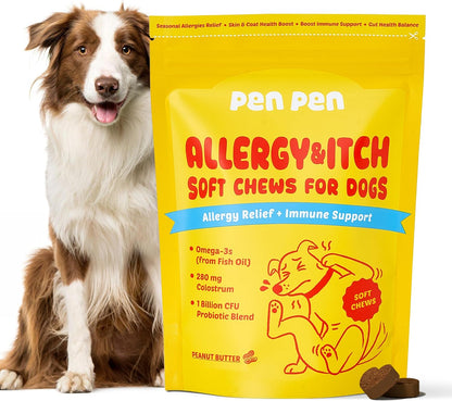 Dog Allergy Chews - Anti-Itch & Itchy Skin Support for Dogs, Probiotics & Omega 3 (Fish Oil) for Immune & Gut Health - Peanut Butter Flavor - 180 Soft Chews
